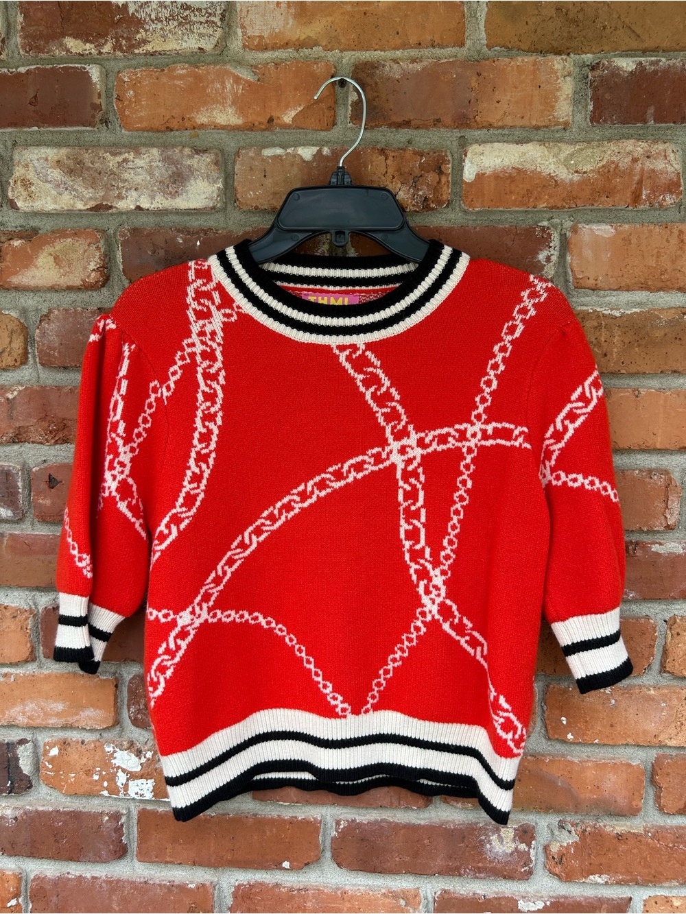 THML Red Chain-Pattern Crewneck Sweater with Contrast Trim Cropped Soft M